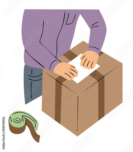 A postal or online store worker packs a parcel for shipment. A man sticks a delivery note on a box. Order, dispatch and delivery. Cartoon vector illustration isolated on white