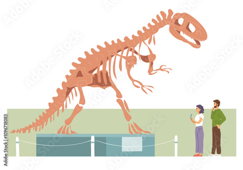 Museum of Paleontology. Allosaurus skeleton. People are guests, tourists. Large prehistoric predatory theropod lizard. Jurassic dinosaur bones. Flat vector illustration