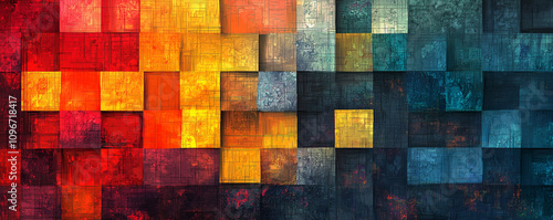 Colorful mosaic of square tiles with vibrant textures.