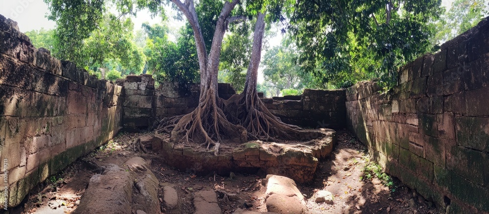 Obraz premium Ancient trees and roots intertwining with stone walls in a lush archaeological park showcasing nature's reclamation of historical sites