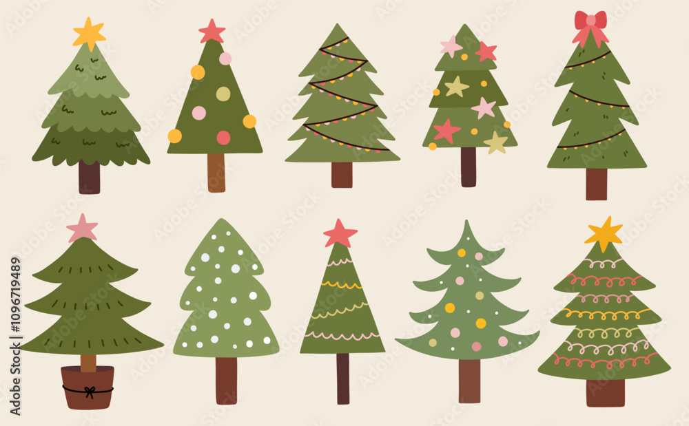 Set of cute decorated Christmas trees isolated on a white background. Vector hand-drawn flat illustration. Perfect for holiday designs, cards, decorations, logo. Set of cute decorated Christmas trees isolated on a white background. Vector hand-drawn flat illustration. Perfect for holiday designs, cards, decorations, logo.