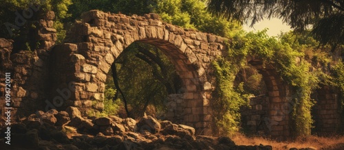 Historic stone structure overgrown with vegetation at a cultural heritage site showcasing ancient architecture and natural beauty