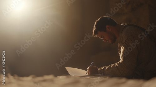 Soldier Writing Letter in War Zone Showing Emotion and Conflict photo