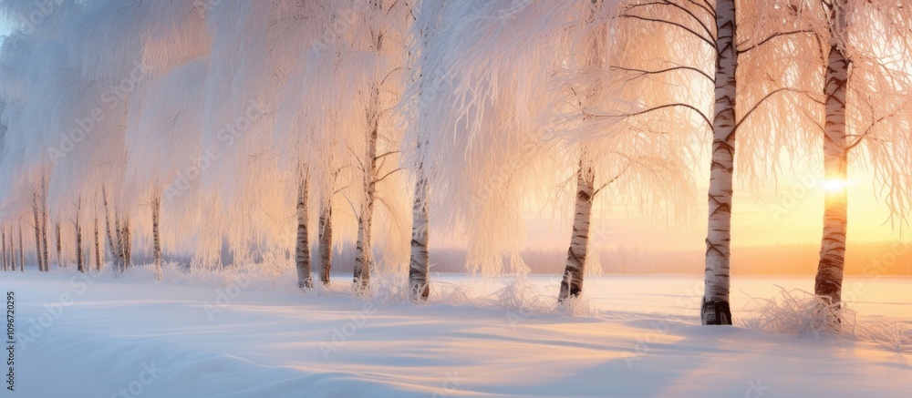 Obraz premium Winter landscape with birch trees covered in hoarfrost glowing under sunset rays creating a magical frosty nature scene