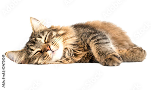 Fluffy cat sleeping peacefully on a flat surface isolate on transparent background, cutout, png