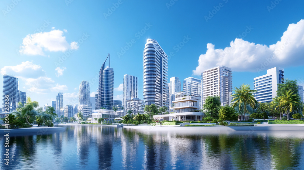 Urban buildings reflected in an artificial lake, modern urban landscape, reflection, architecture, urban landscape