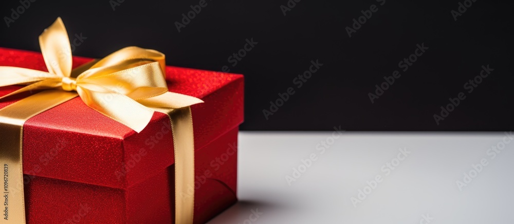 Red gift box with golden ribbon on a minimalist table setting showcasing elegance and holiday spirit against a contrasting background. Red gift box with golden ribbon on a minimalist table setting showcasing elegance and holiday spirit against a contrasting background.