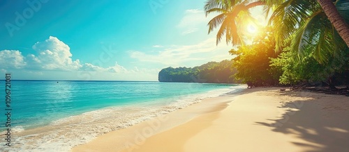 Tropical paradise with sandy beach, turquoise ocean, palm trees, and bright sun illuminating a serene coastal landscape. photo