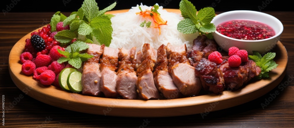 Traditional Vietnamese dish with sliced roasted pork, fresh raspberries, herbs, and rice noodles beautifully presented on a wooden platter Traditional Vietnamese dish with sliced roasted pork, fresh raspberries, herbs, and rice noodles beautifully presented on a wooden platter