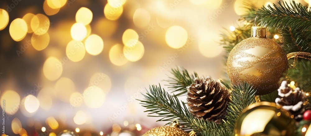Golden bokeh backdrop with Christmas ornaments pinecones for elegant holiday greeting card designs Golden bokeh backdrop with Christmas ornaments pinecones for elegant holiday greeting card designs