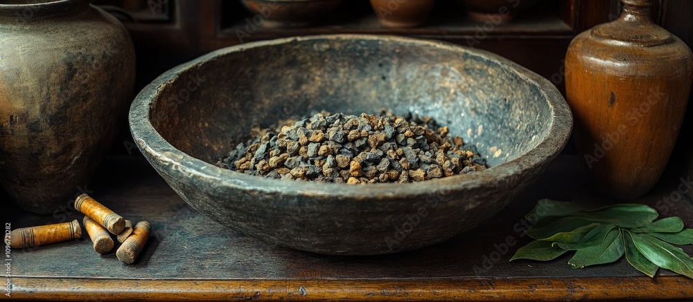 Traditional bowl showcasing coca leaves and dynamite as unique gifts for miners in a rustic setting Traditional bowl showcasing coca leaves and dynamite as unique gifts for miners in a rustic setting