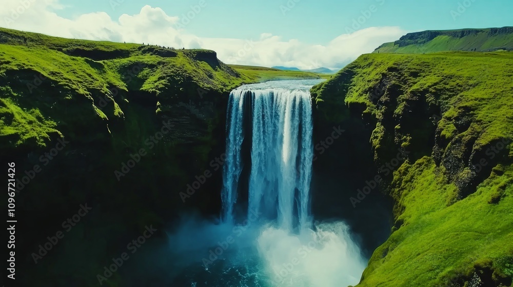 Fototapeta premium Majestic waterfall cascading down lush green cliffs.