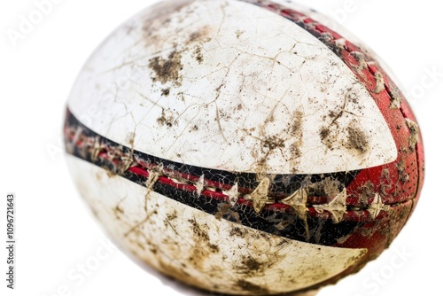 Close-up image of a worn out soccer ball with visible scuffs and creases photo