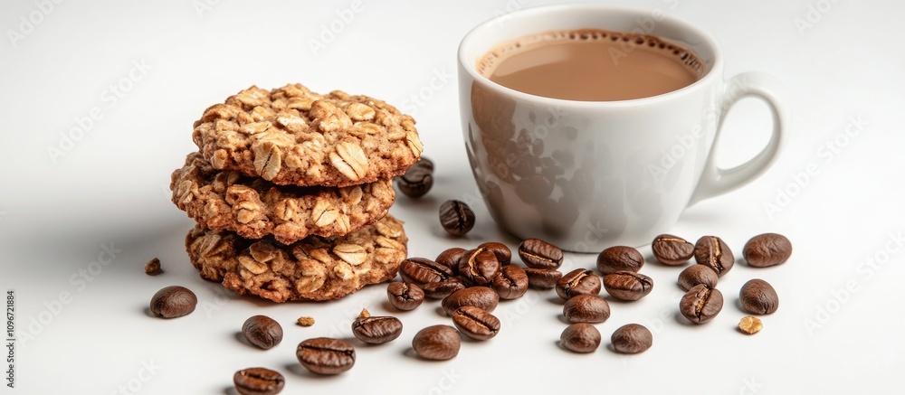 Oatmeal cookies with a cup of coffee and coffee beans creating a cozy beverage and snack setting perfect for cafes and desserts Oatmeal cookies with a cup of coffee and coffee beans creating a cozy beverage and snack setting perfect for cafes and desserts