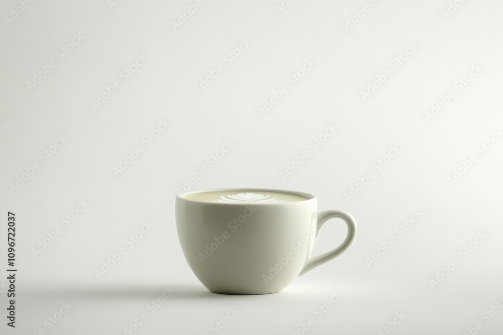 A simple white cup filled with a creamy beverage, featuring a decorative foam design. A simple white cup filled with a creamy beverage, featuring a decorative foam design.