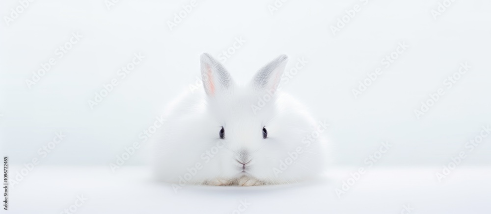 Fluffy white bunny resting peacefully on a minimalistic white backdrop showcasing serenity and cuteness in animal photography Fluffy white bunny resting peacefully on a minimalistic white backdrop showcasing serenity and cuteness in animal photography