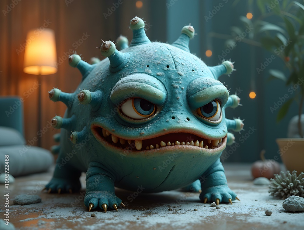 A whimsical blue creature with multiple eyes and spikes stands in a cozy room. A floor lamp casts a soft glow, highlighting potted plants and scattered stones. A whimsical blue creature with multiple eyes and spikes stands in a cozy room. A floor lamp casts a soft glow, highlighting potted plants and scattered stones.
