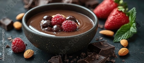 Fototapeta Naklejka Na Ścianę i Meble -  Delicious chocolate fondue served with fresh fruits almonds and dark chocolate pieces for an appetizing dessert experience