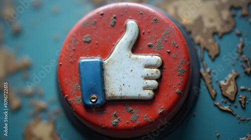 A large, round button with a red background and white thumbs up symbol shows rust and peeling paint. The surrounding blue surface is also aged and rusty. photo