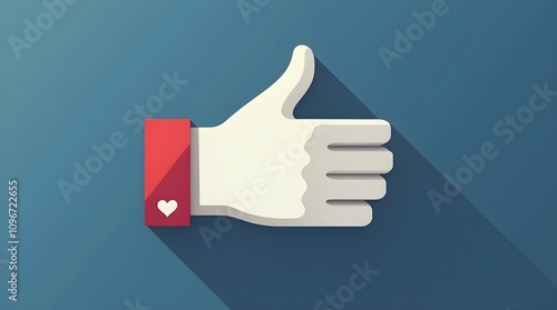 A minimalist thumbs up gesture illustration on a blue background, featuring a long shadow and a red cuff with a white heart symbol at the wrist.