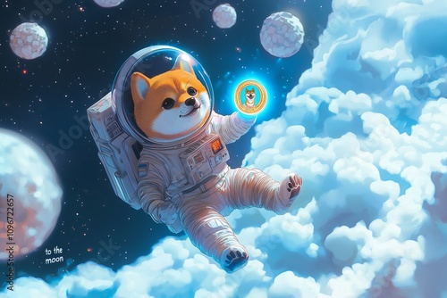 Shiba Inu Astronaut Holding Crypto Coin in Cosmic Zero Gravity. Cryptocurrency Background Ilustration.