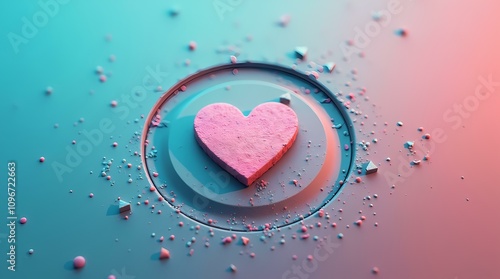 A pink heart shaped object sits in a circular indentation on a smooth surface. The background features a gradient of teal and coral hues, with scattered particles.