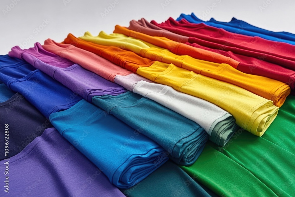 A collection of colorful shirts on a clean white surface, ideal for fashion or design concepts A collection of colorful shirts on a clean white surface, ideal for fashion or design concepts