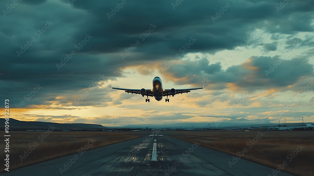 Naklejka premium An airplane is landing on a runway under a dramatic sky at sunset.