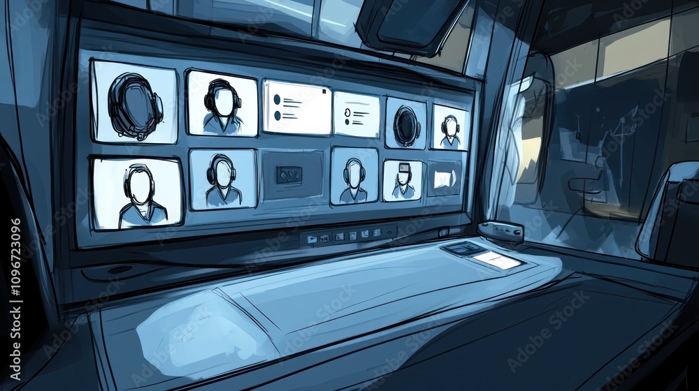 A modern workspace featuring a large screen displaying video calls with multiple participants. A modern workspace featuring a large screen displaying video calls with multiple participants.