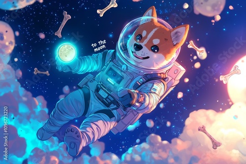 Shiba Inu Astronaut Holding Crypto Coin in Cosmic Zero Gravity. Cryptocurrency Background Ilustration.