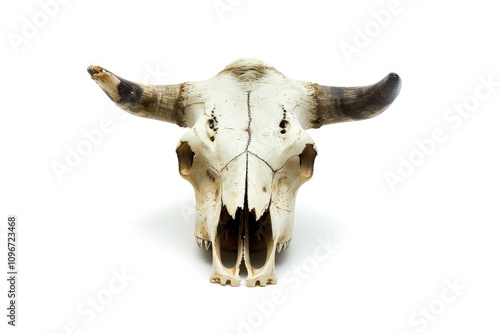 A cow's skull on a clean white background, great for use in designs about nature, wildlife or the environment photo