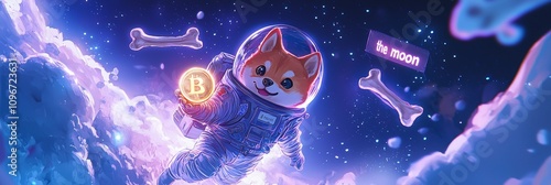 Shiba Inu Astronaut Holding Bitcoin Crypto in Cosmic Zero Gravity. Cryptocurrency Background Ilustration.