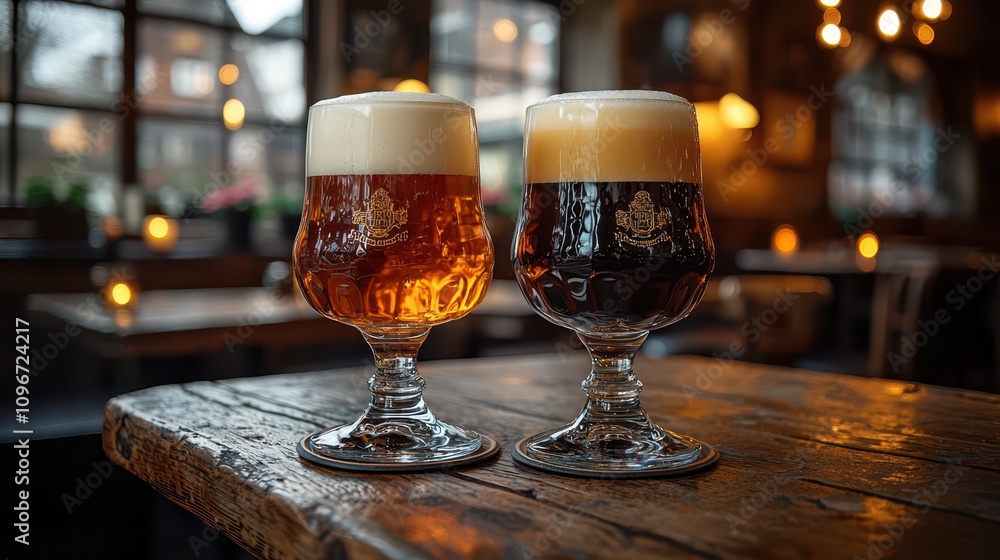 Light beer in a pint glass and dark beer in a tankard, sharp focus on the rich foam, blurred cozy pub lights. Light beer in a pint glass and dark beer in a tankard, sharp focus on the rich foam, blurred cozy pub lights.