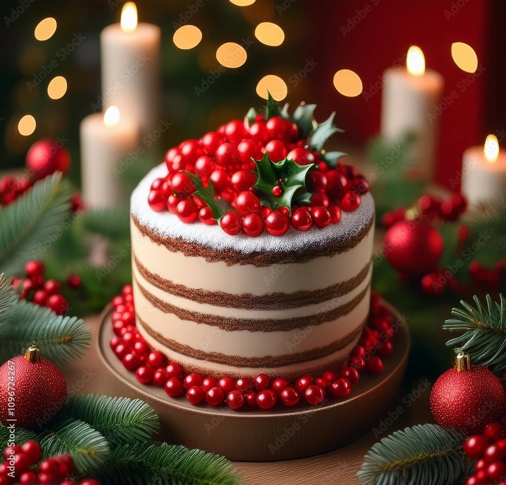 Cake with red berries in decor for Christmas bokeh of lights in background created with Generative AI Cake with red berries in decor for Christmas bokeh of lights in background created with Generative AI
