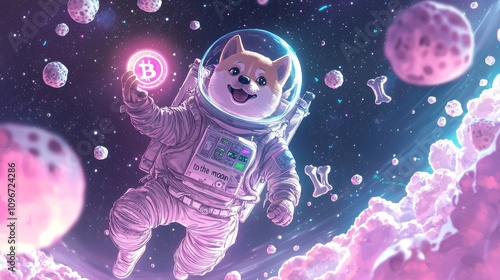 Shiba Inu Astronaut Holding Bitcoin Crypto in Cosmic Zero Gravity. Cryptocurrency Background Ilustration.