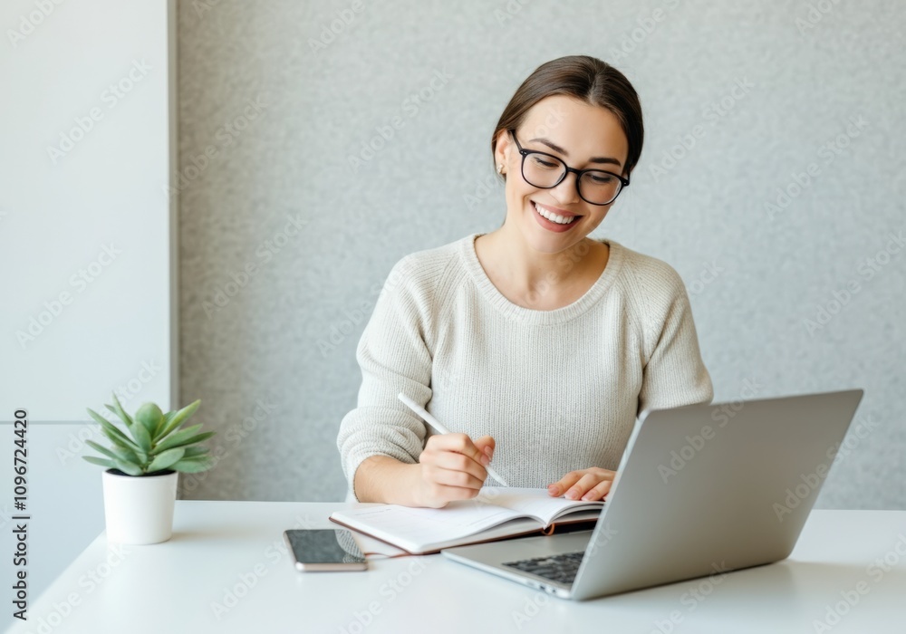 Happy Woman Working on Laptop and Notebook Happy Woman Working on Laptop and Notebook