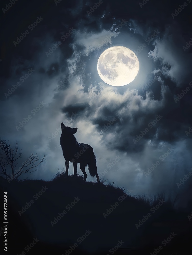 there is a wolf standing on a hill with a full moon in the background there is a wolf standing on a hill with a full moon in the background
