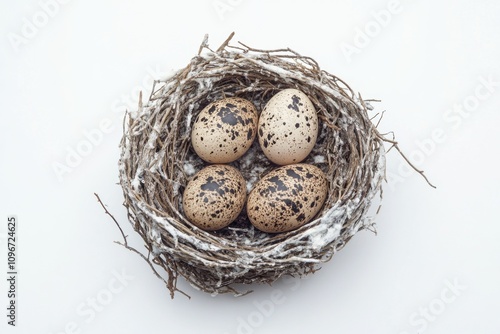 A nest containing four eggs placed on a table, possibly used for still life photography or as a decorative element