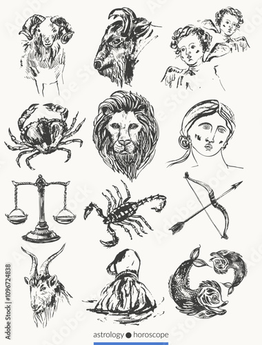 Hand drawn zodiac signs illustration set. Horoscope background with astrology symbols.