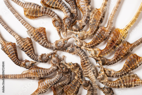 Fotografie top view dry seahorse or hippocampus on white