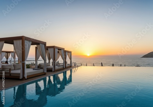 Infinity Pool and Cabanas at Sunset