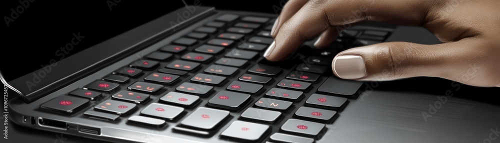 A close-up of a hand typing on a sleek laptop keyboard. A close-up of a hand typing on a sleek laptop keyboard.