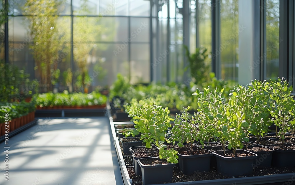 Sleek industrial greenhouse nurturing diverse plants and tree seedlings, with glass panels and modern design elements creating a sustainable environment Sleek industrial greenhouse nurturing diverse plants and tree seedlings, with glass panels and modern design elements creating a sustainable environment