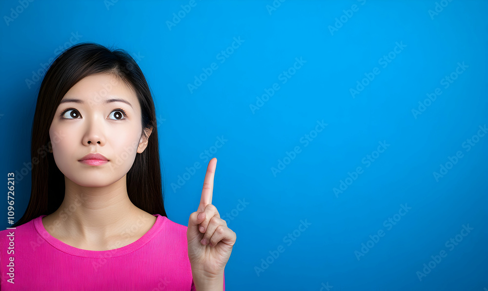 Young Asian woman in pink shirt, thoughtfully looking upward with index finger raised, against a vibrant blue background. Perfect for concepts of ideas, inspiration, or problem-solving. Young Asian woman in pink shirt, thoughtfully looking upward with index finger raised, against a vibrant blue background. Perfect for concepts of ideas, inspiration, or problem-solving.