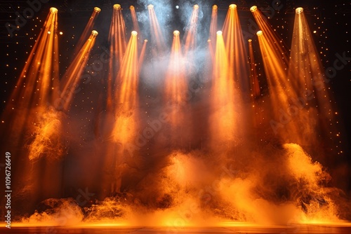 Spotlight on Stage with Orange and Yellow Lights Effects and Smoke in Black Background