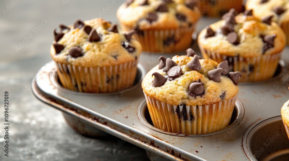 A muffin pan filled with freshly baked muffins and melted chocolate chips, perfect for breakfast or snack A muffin pan filled with freshly baked muffins and melted chocolate chips, perfect for breakfast or snack