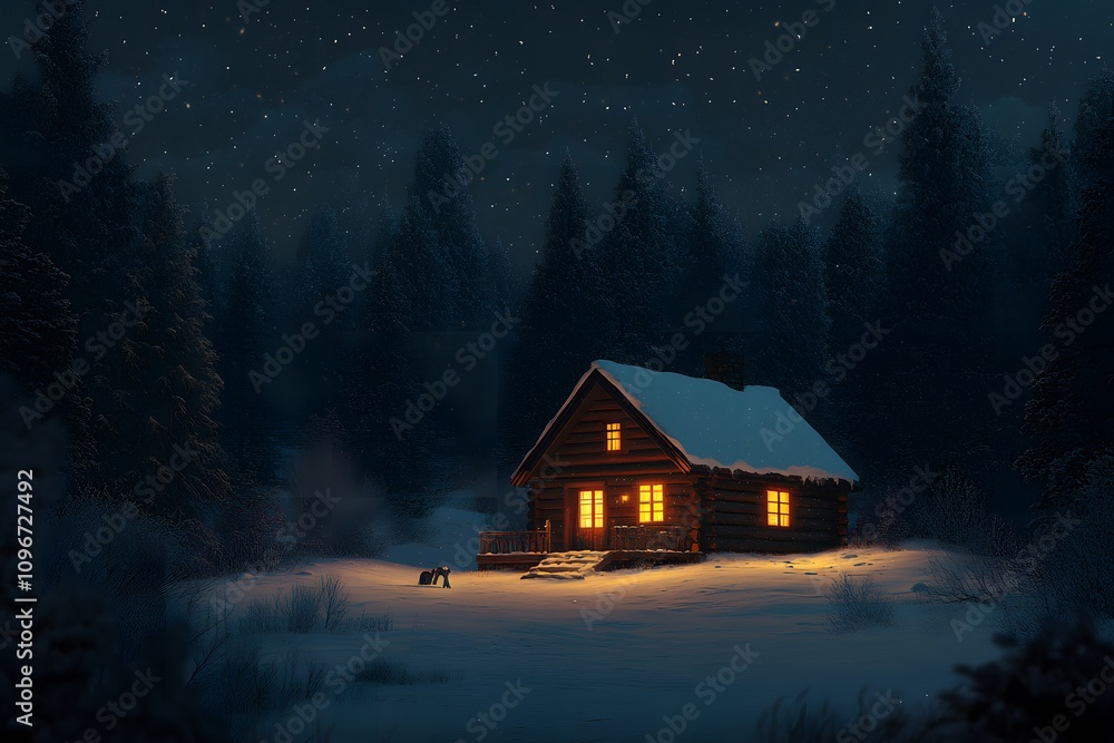 A cozy, illuminated log cabin nestled in a snowy forest under a starry night sky. A cozy, illuminated log cabin nestled in a snowy forest under a starry night sky.