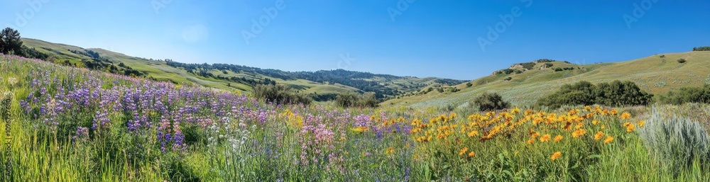 A vibrant landscape of wildflowers under a clear blue sky, showcasing nature's beauty. A vibrant landscape of wildflowers under a clear blue sky, showcasing nature's beauty.