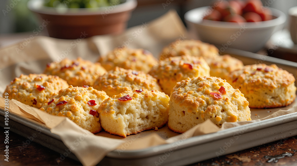 Keto cheddar biscuits with herbs baked on parchment paper Keto cheddar biscuits with herbs baked on parchment paper