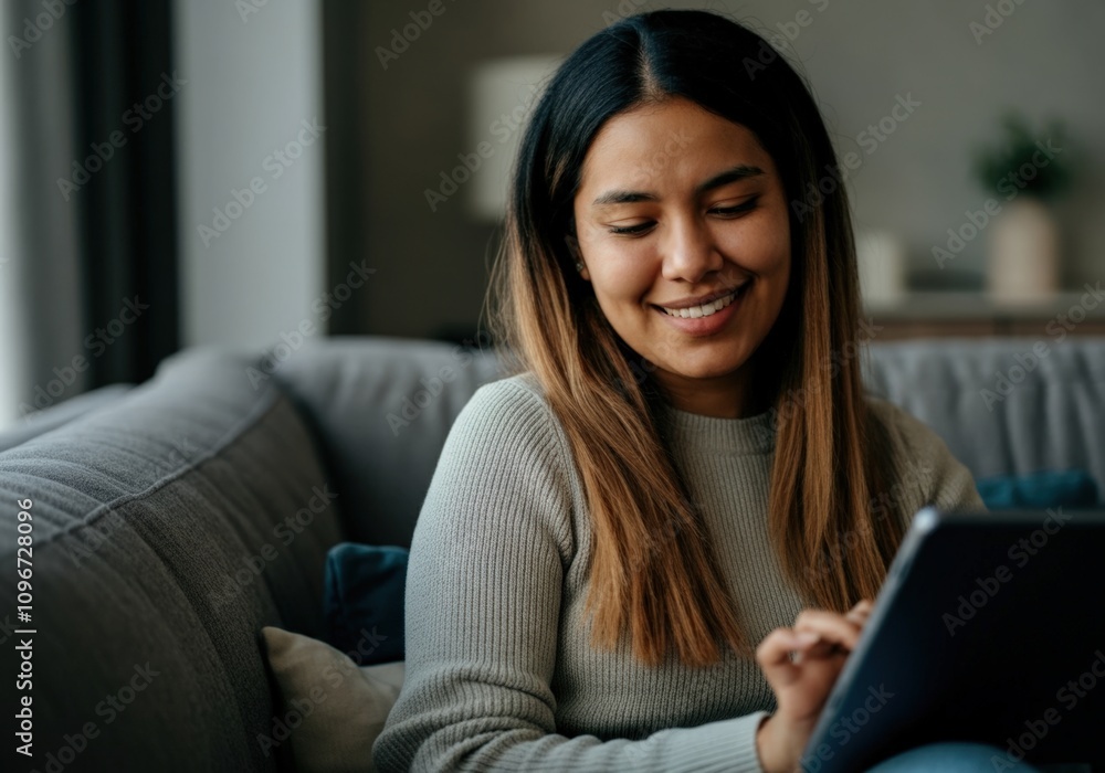 Obraz premium Woman Relaxing on Couch Using Tablet